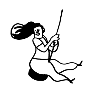 Eine Figur schwingt auf einer Reifenschaukel